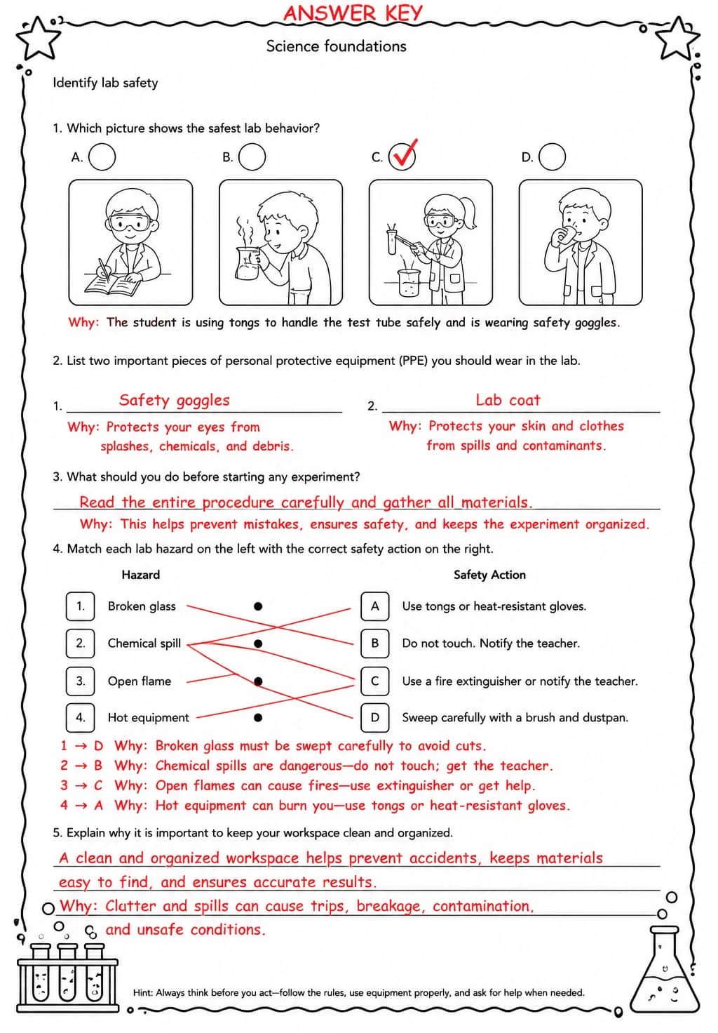 Answer key for Identify lab safety — free printable Science worksheet