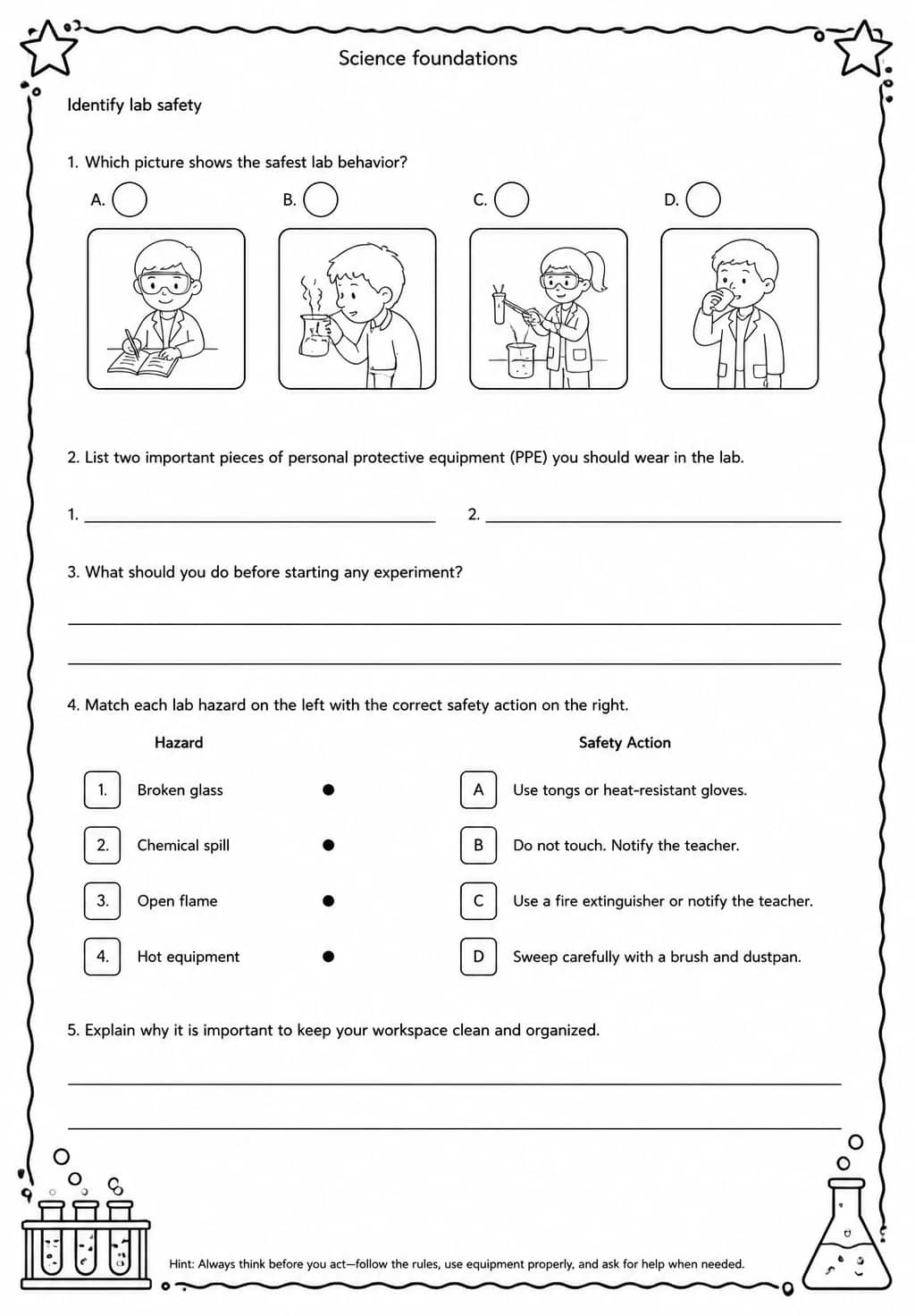 Identify lab safety — free printable High School Science worksheet