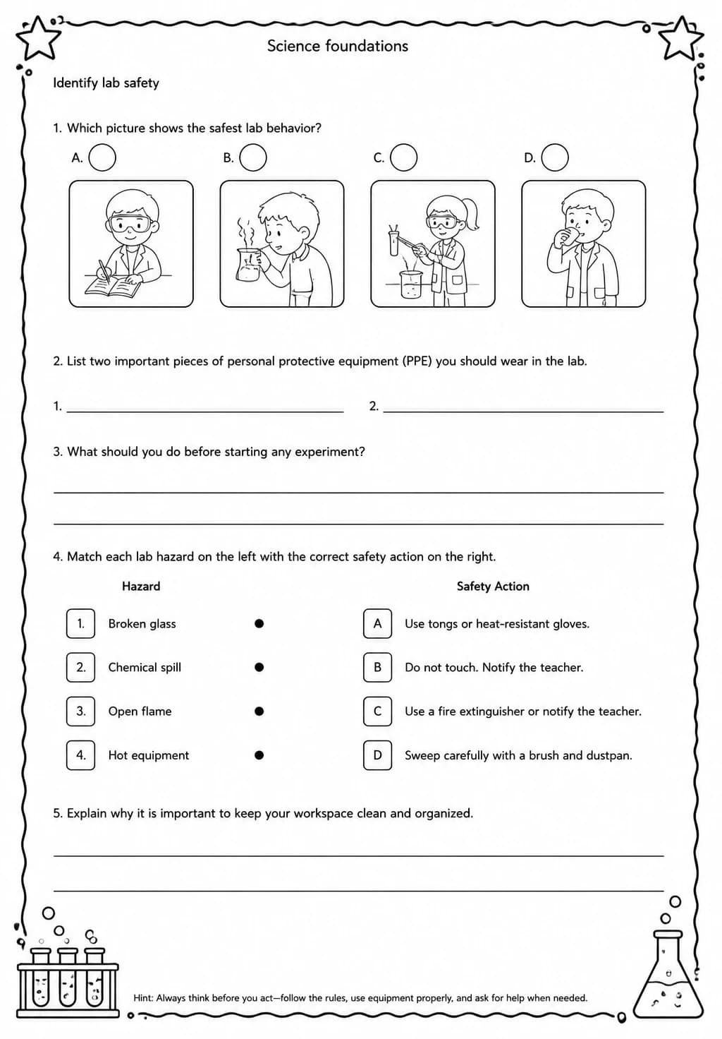 Identify lab safety — free printable High School Science worksheet