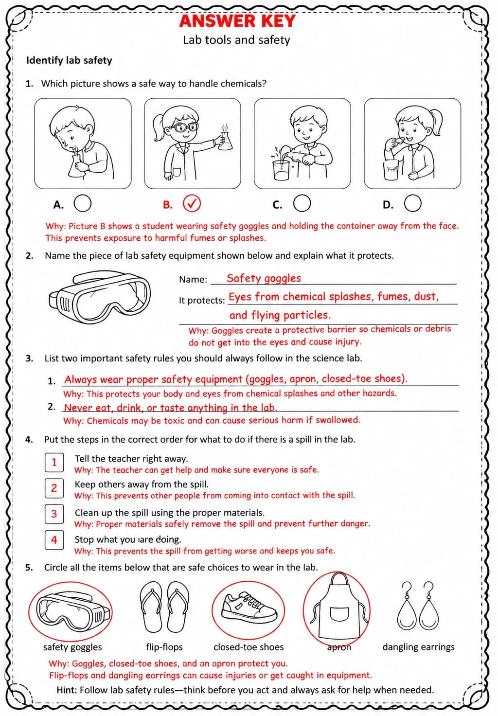 Answer key for Identify lab safety — free printable Science worksheet