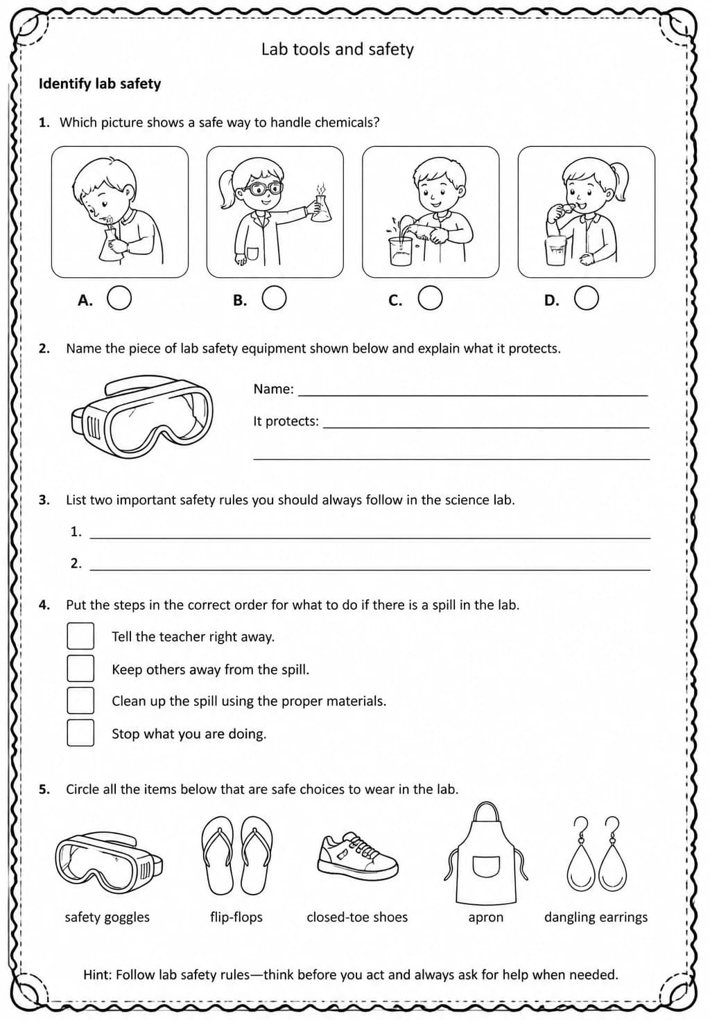 Identify lab safety — free printable Middle School Science worksheet