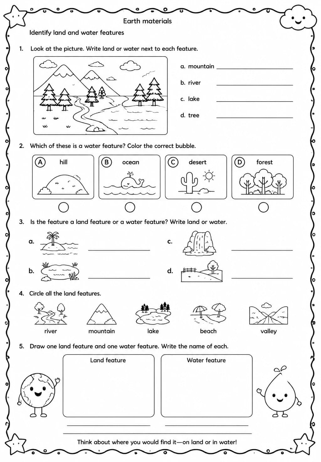 Identify land and water features — free printable Grade 3 Science worksheet