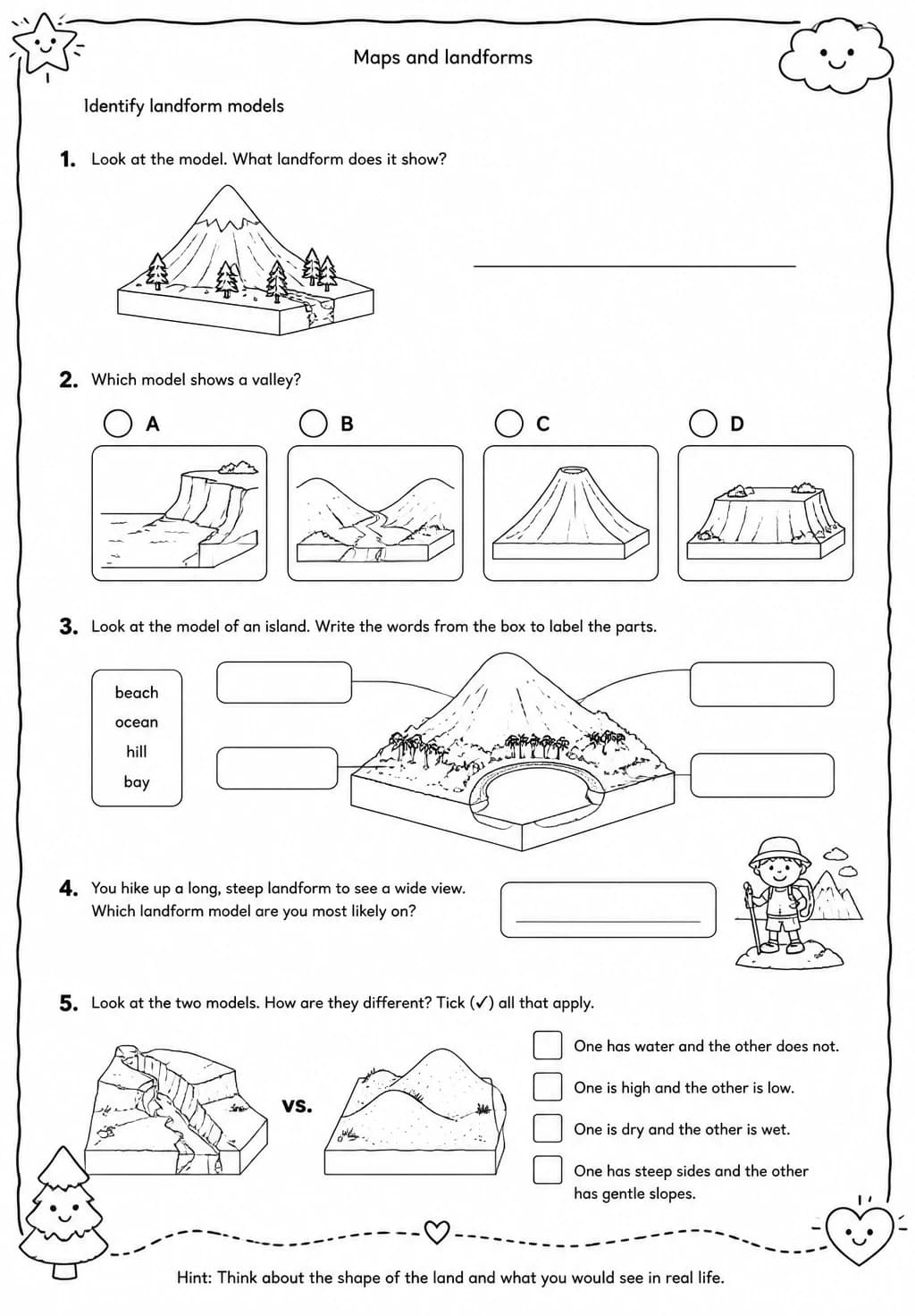 Identify landform models — free printable Grade 4 Science worksheet