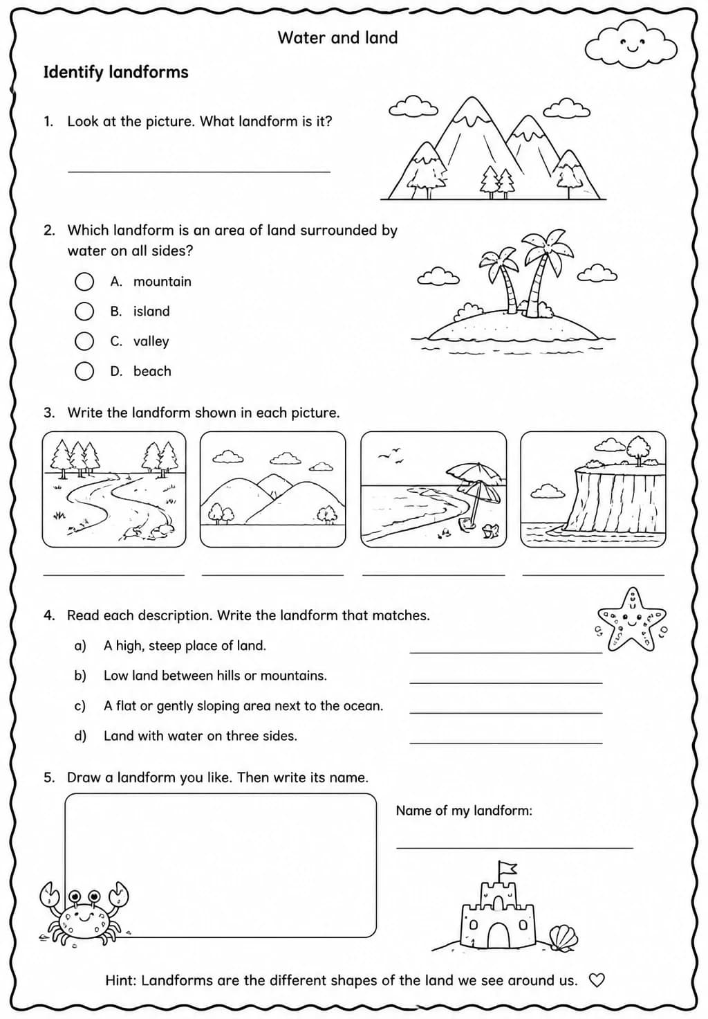 Identify landforms — free printable Grade 2 Science worksheet