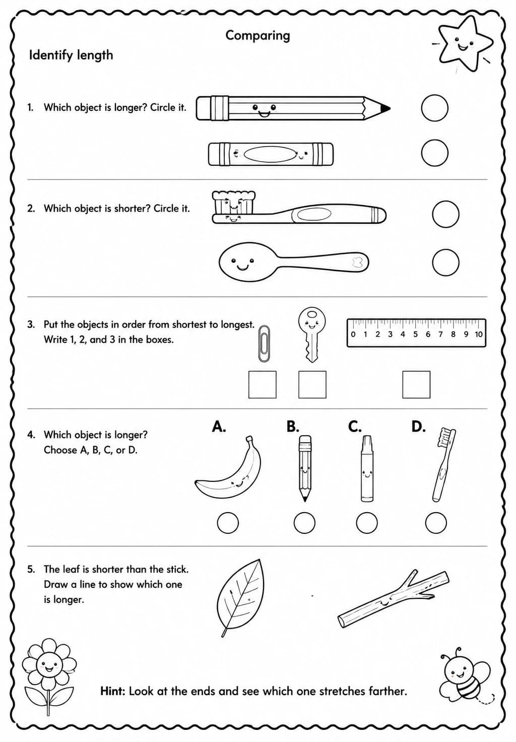 Identify length — free printable Grade 1 Science worksheet