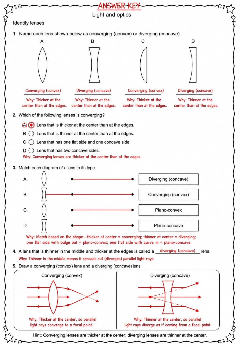 Answer key for Identify lenses — free printable Science worksheet