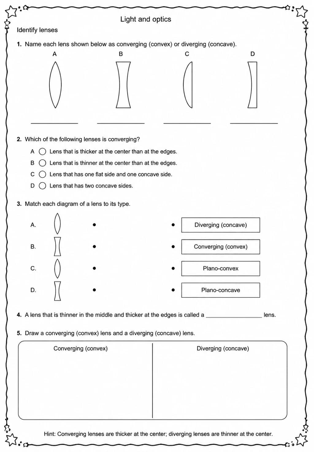 Identify lenses — free printable High School Science worksheet
