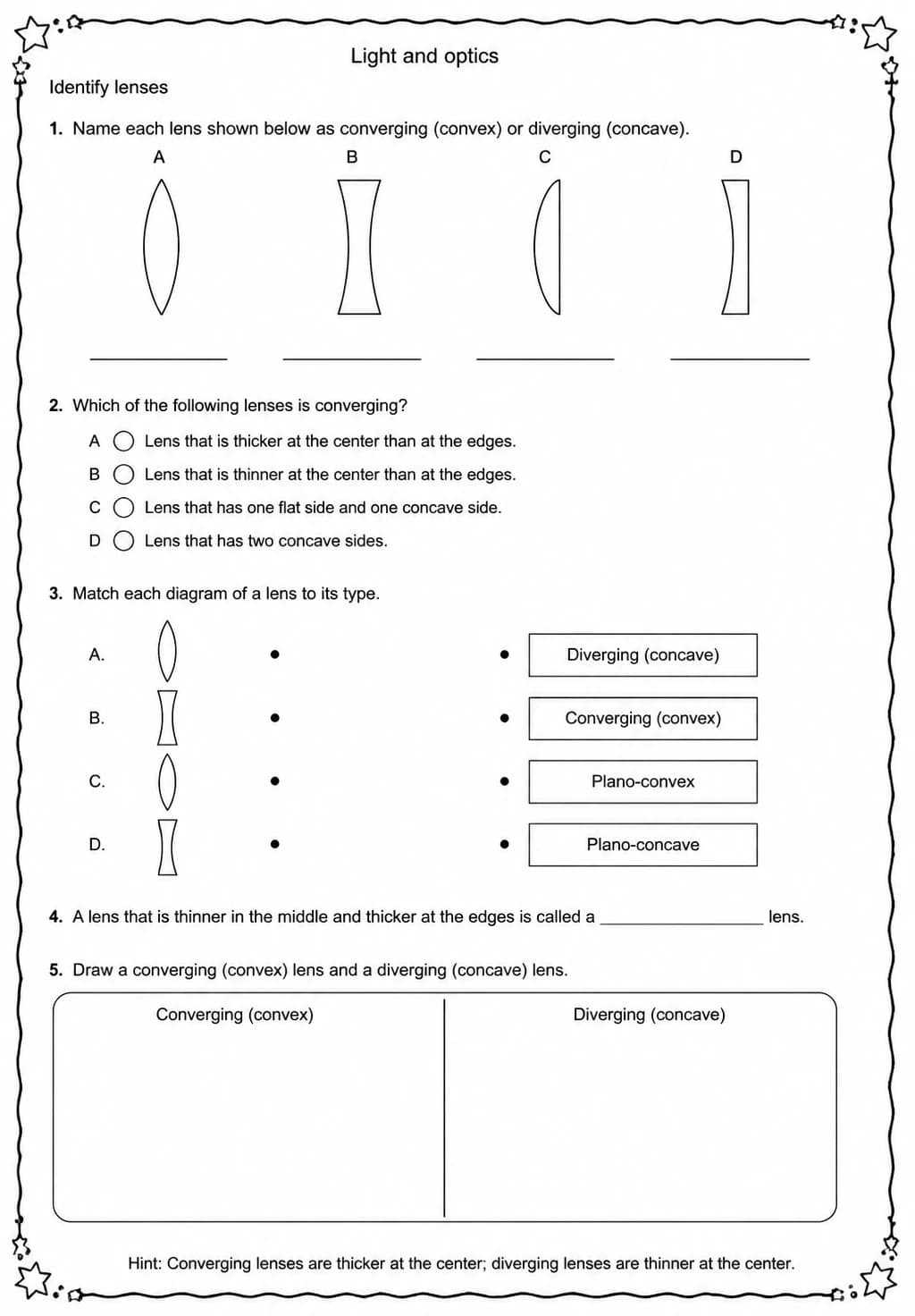 Identify lenses — free printable High School Science worksheet