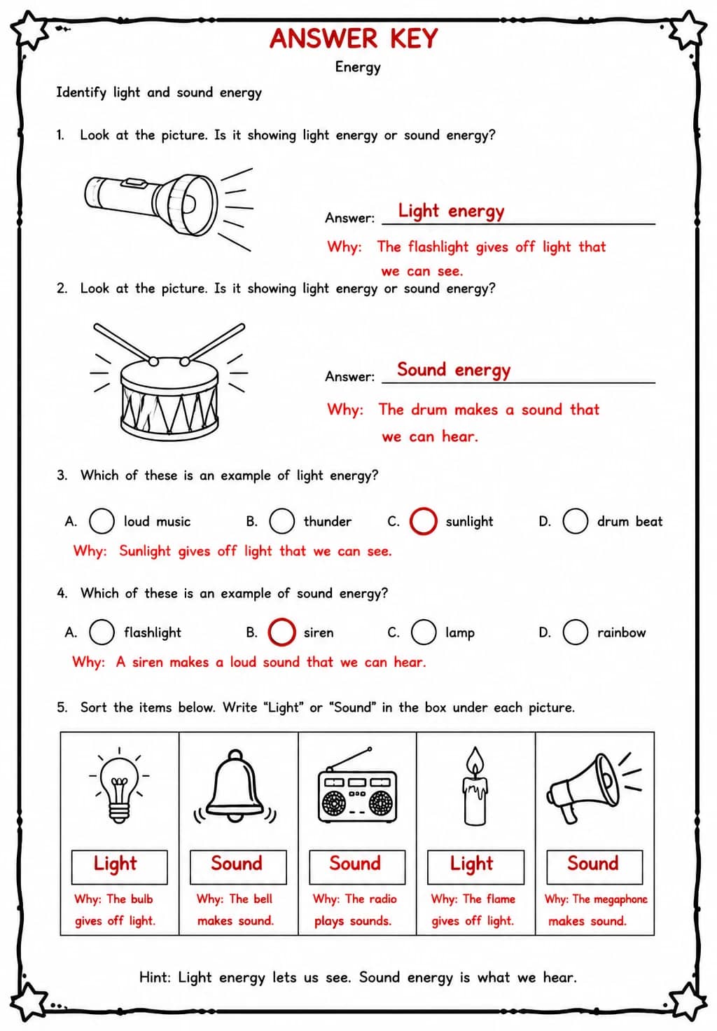 Answer key for Identify light and sound energy — free printable Science worksheet