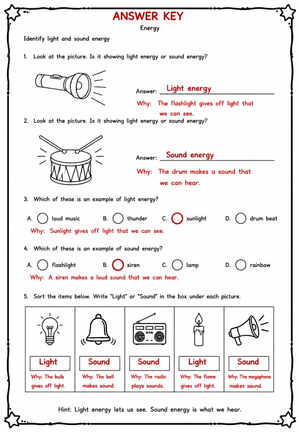 Answer key for Identify light and sound energy — free printable Science worksheet