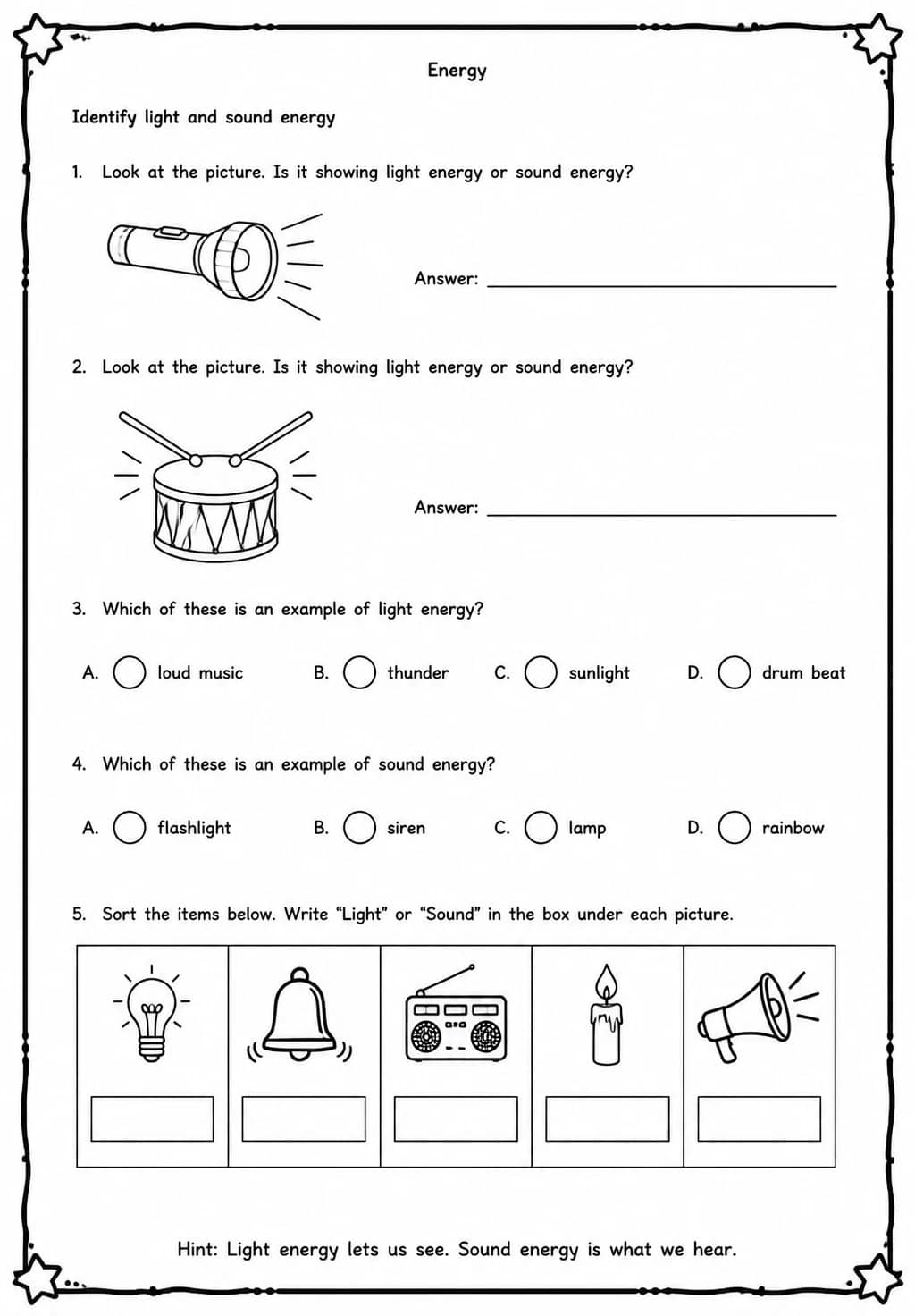 Identify light and sound energy — free printable Grade 5 Science worksheet