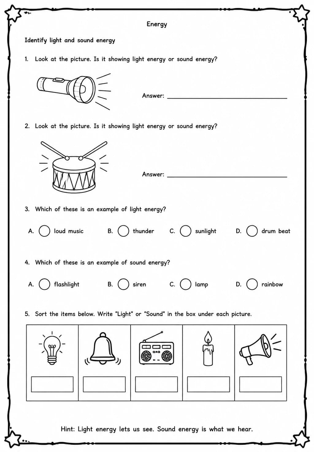 Identify light and sound energy — free printable Grade 5 Science worksheet