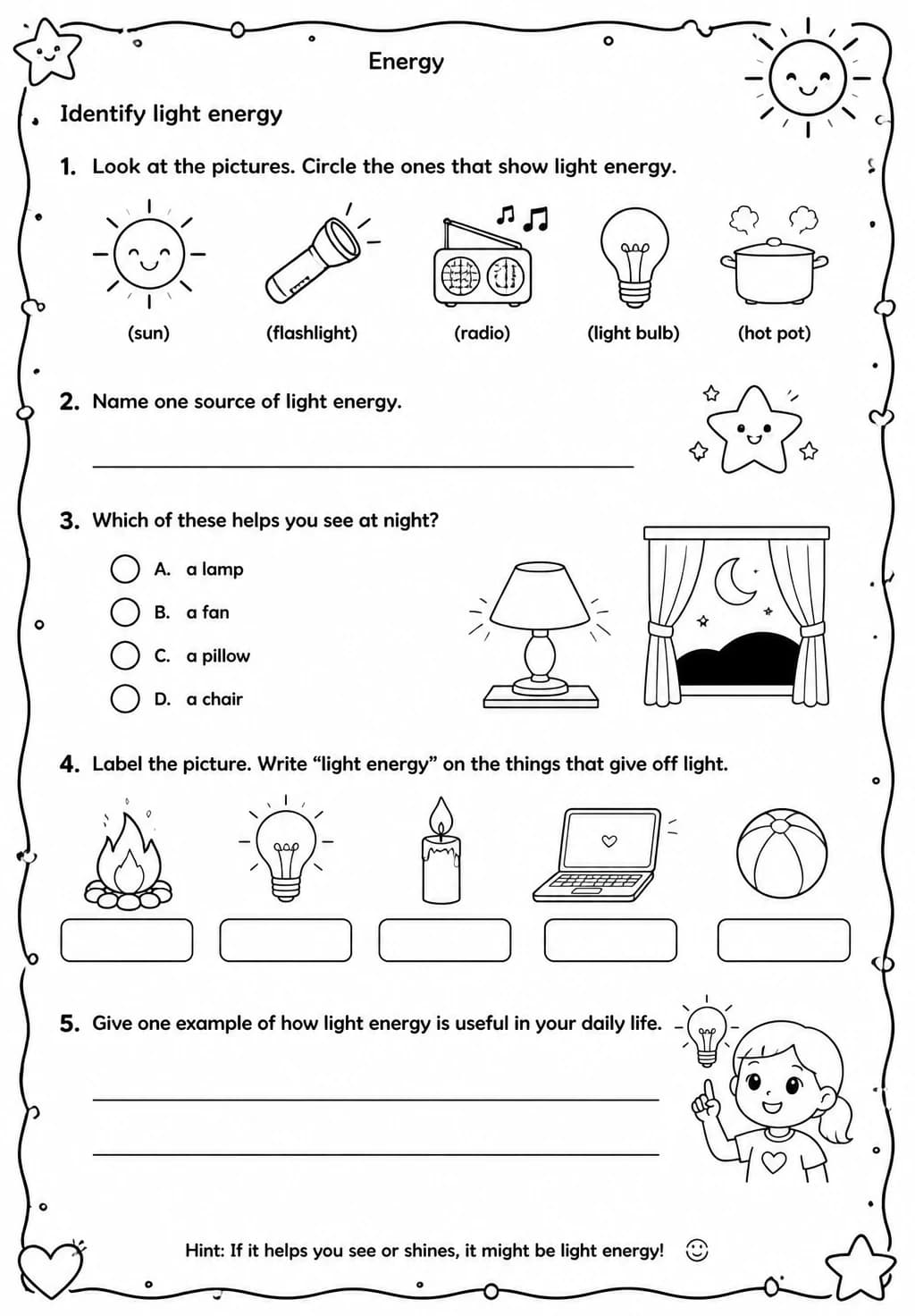 Identify light energy — free printable Grade 3 Science worksheet