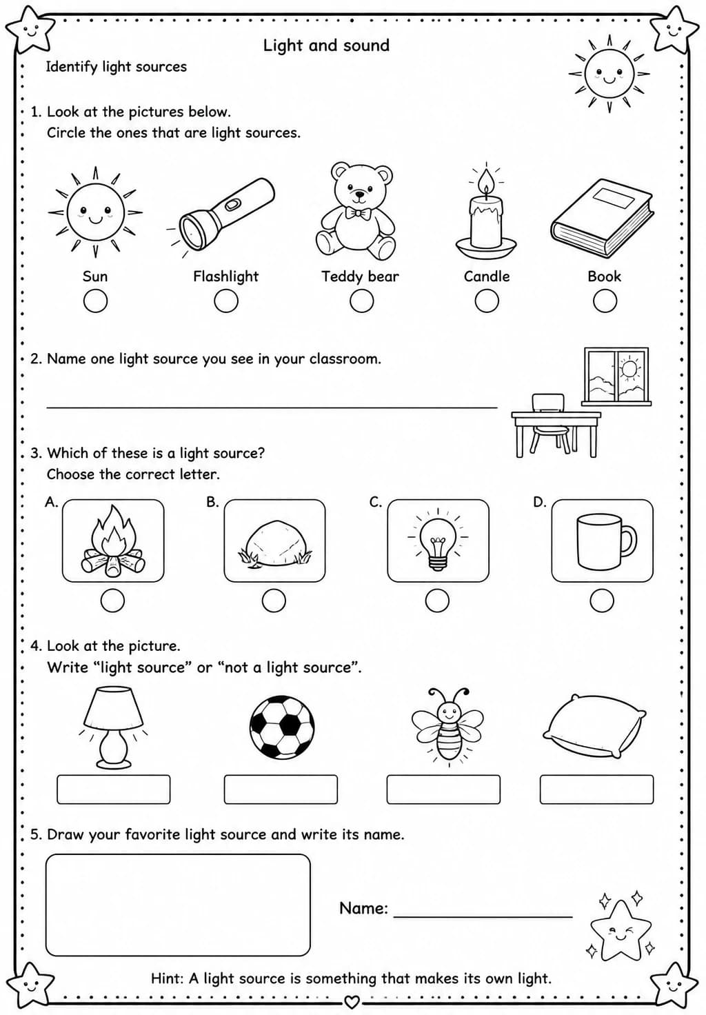 Identify light sources — free printable Grade 1 Science worksheet