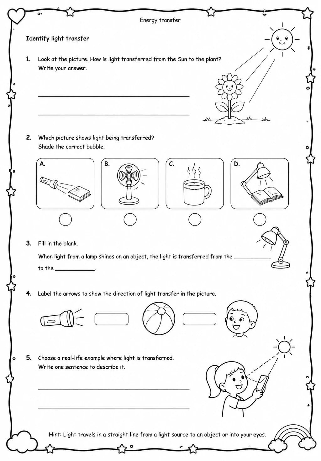 Identify light transfer — free printable Grade 4 Science worksheet