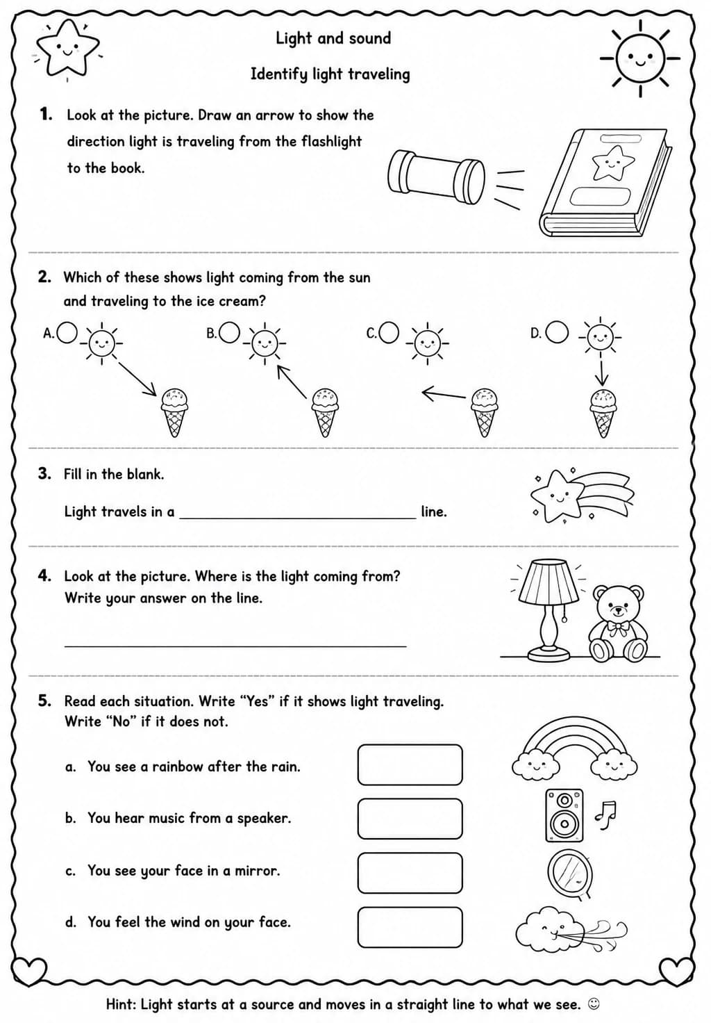 Identify light traveling — free printable Grade 2 Science worksheet