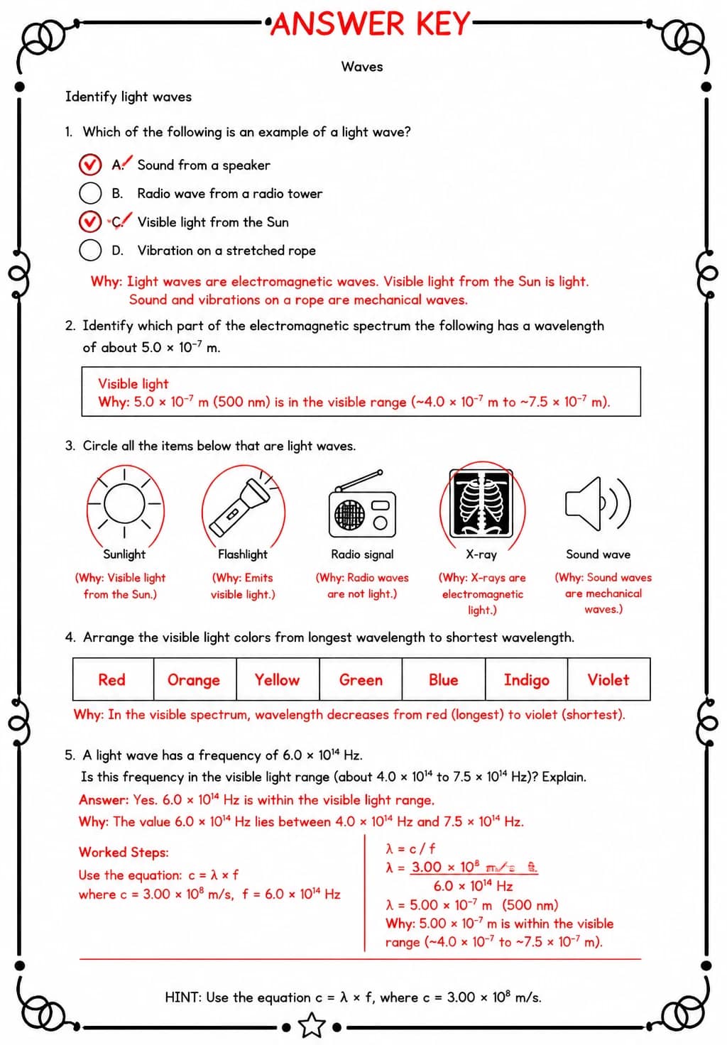 Answer key for Identify light waves — free printable Science worksheet