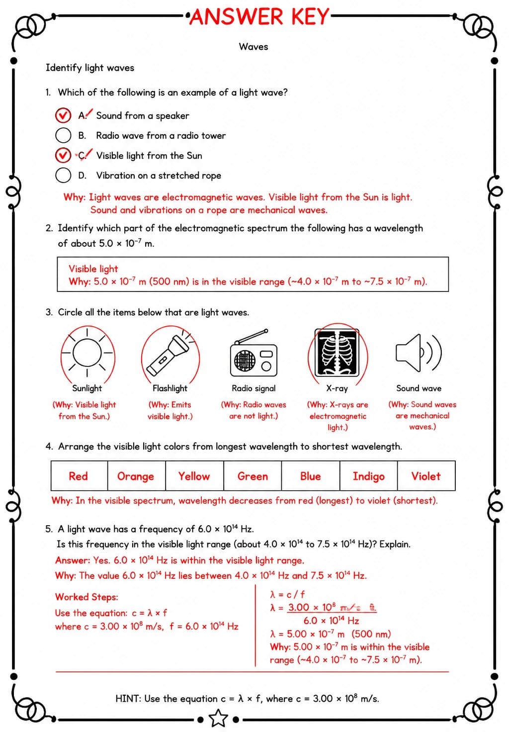 Answer key for Identify light waves — free printable Science worksheet