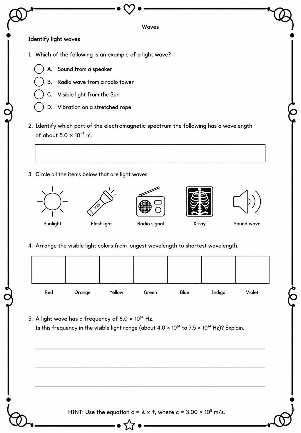 Identify light waves — free printable Middle School Science worksheet