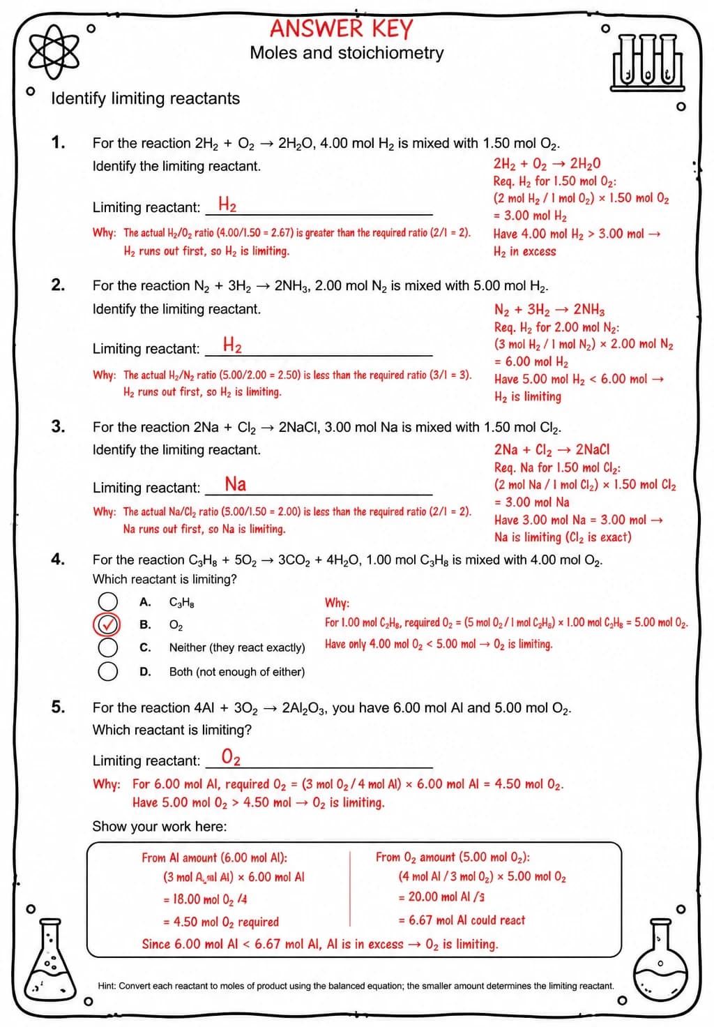 Answer key for Identify limiting reactants — free printable Science worksheet