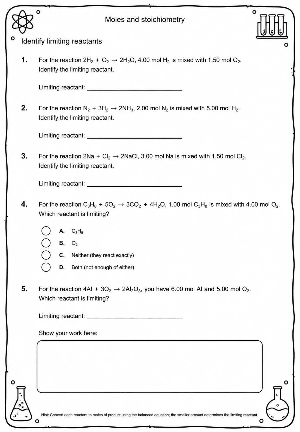 Identify limiting reactants — free printable High School Science worksheet