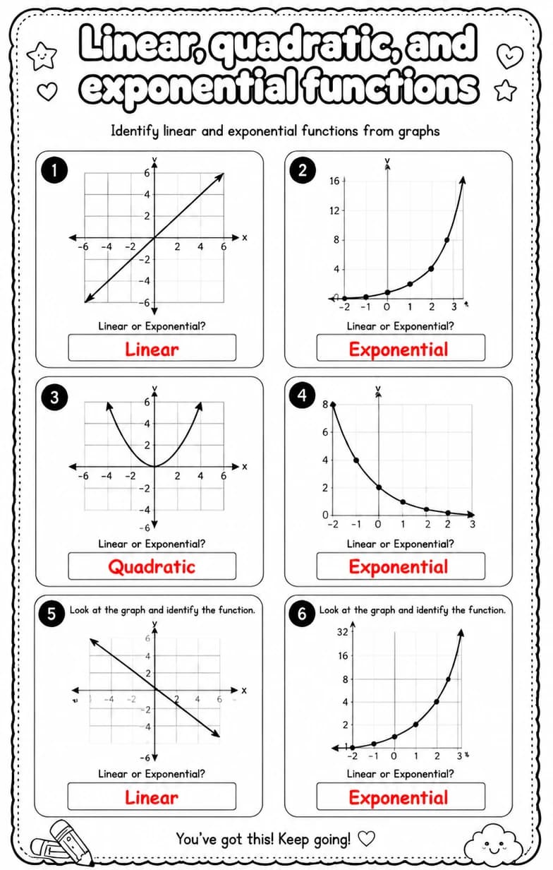 Answer key for Identify linear and exponential functions from graphs — free printable Math worksheet