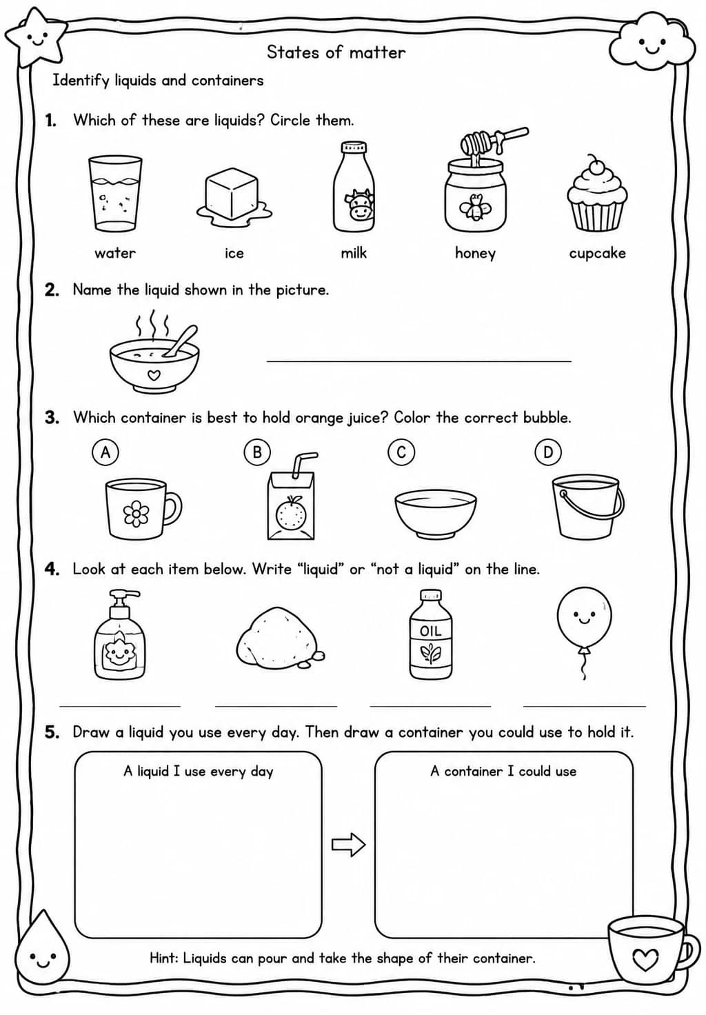 Identify liquids and containers — free printable Grade 2 Science worksheet