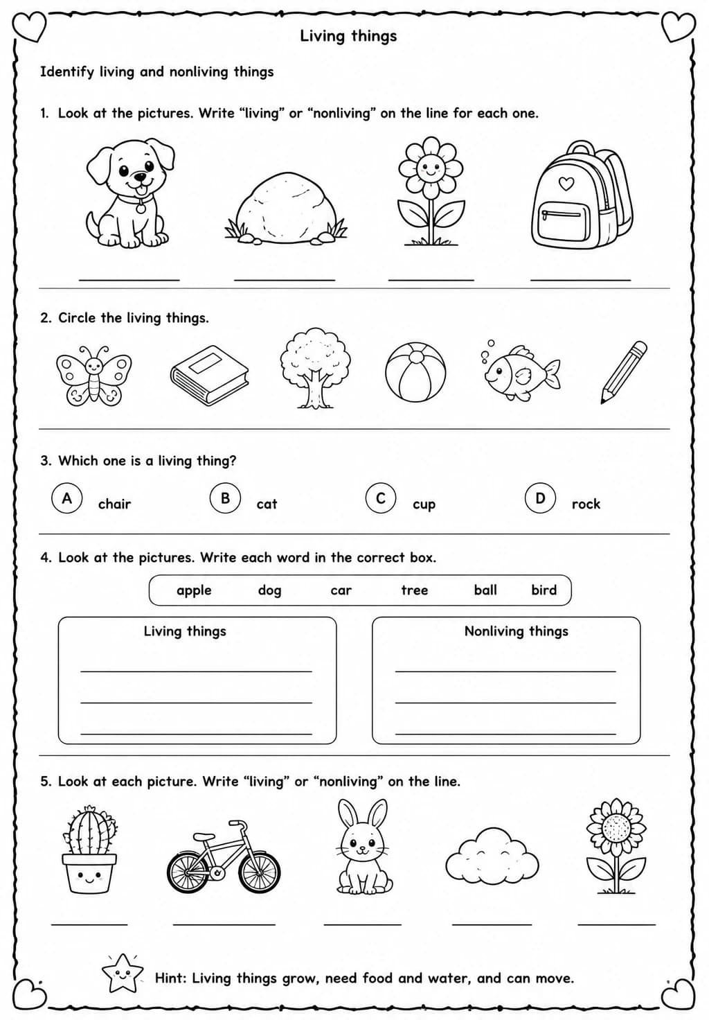 Identify living and nonliving things — free printable Grade 1 Science worksheet