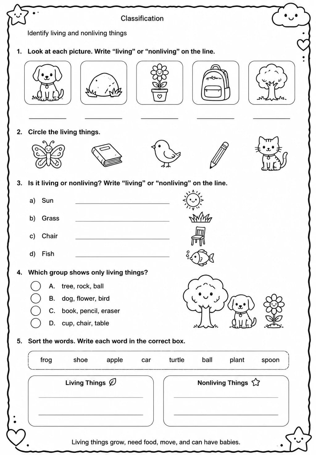 Identify living and nonliving things — free printable Grade 2 Science worksheet