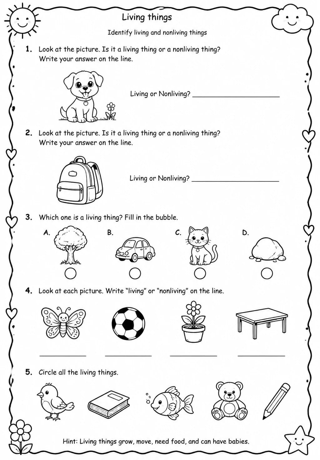Identify living and nonliving things — free printable Kindergarten Science worksheet