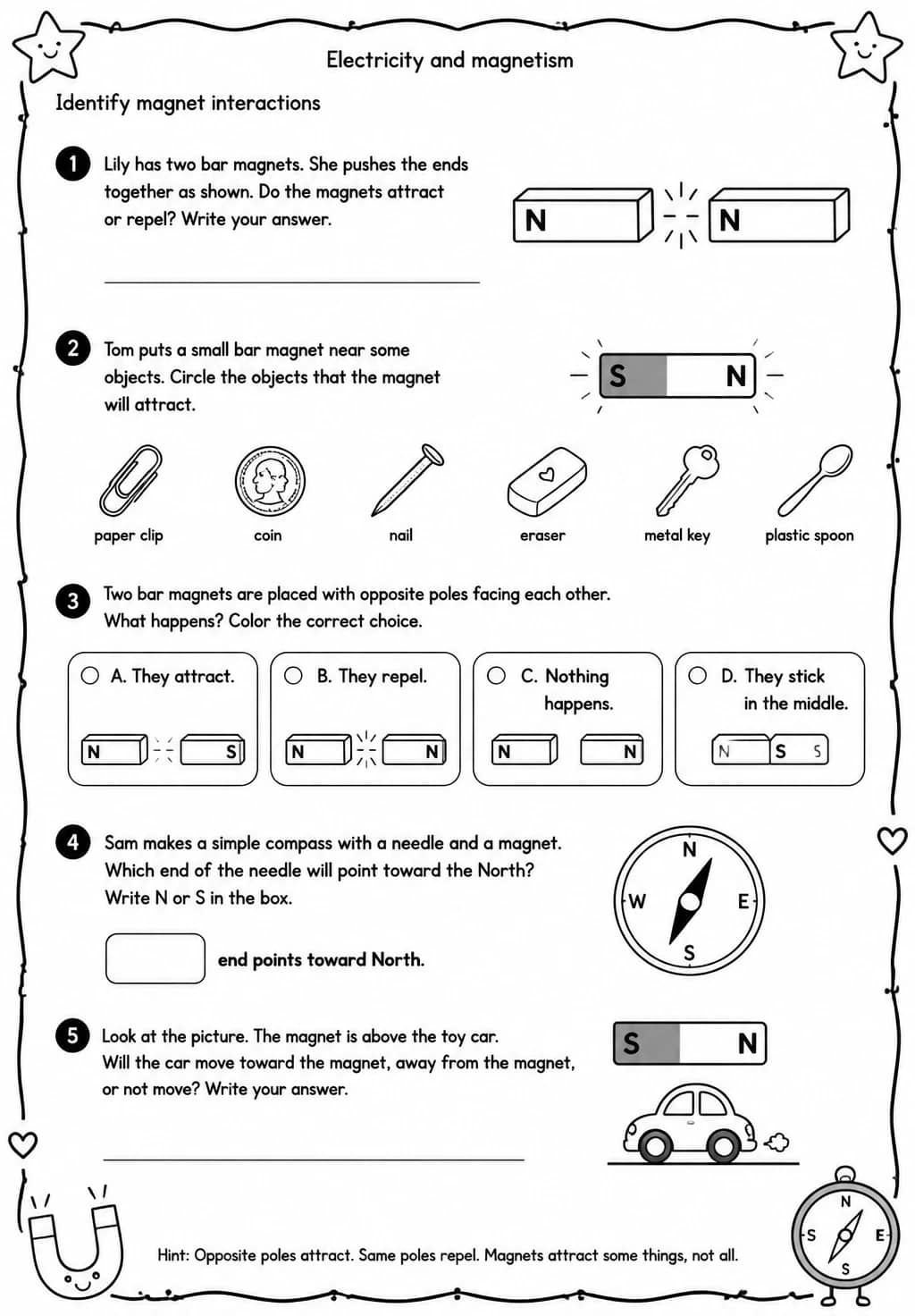 Identify magnet interactions — free printable Grade 3 Science worksheet