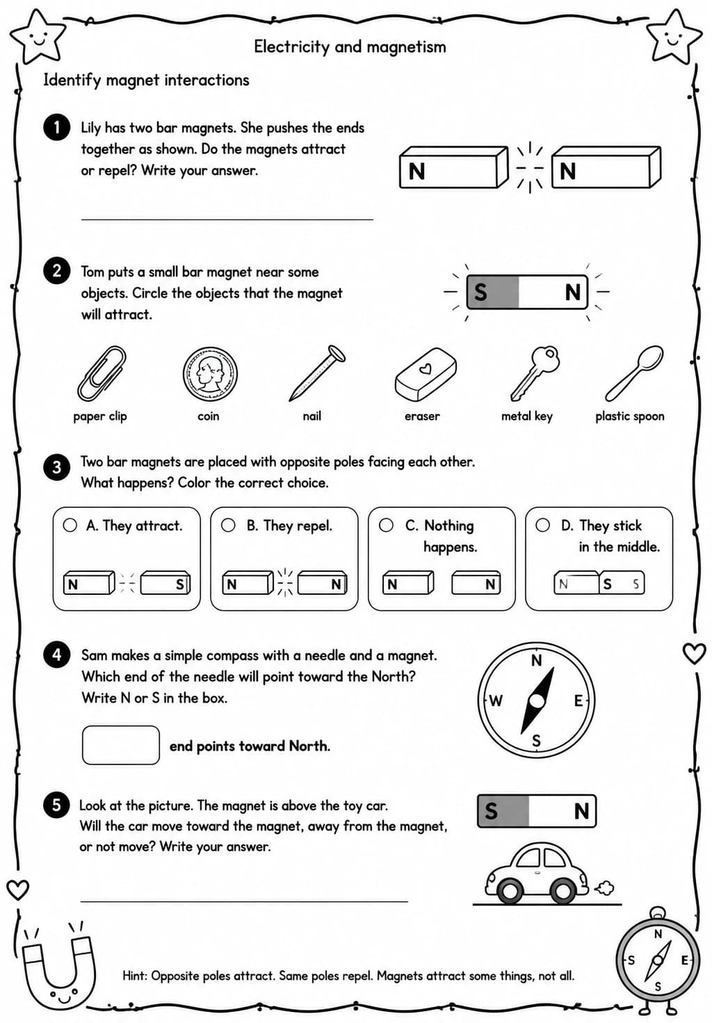 Identify magnet interactions — free printable Grade 3 Science worksheet