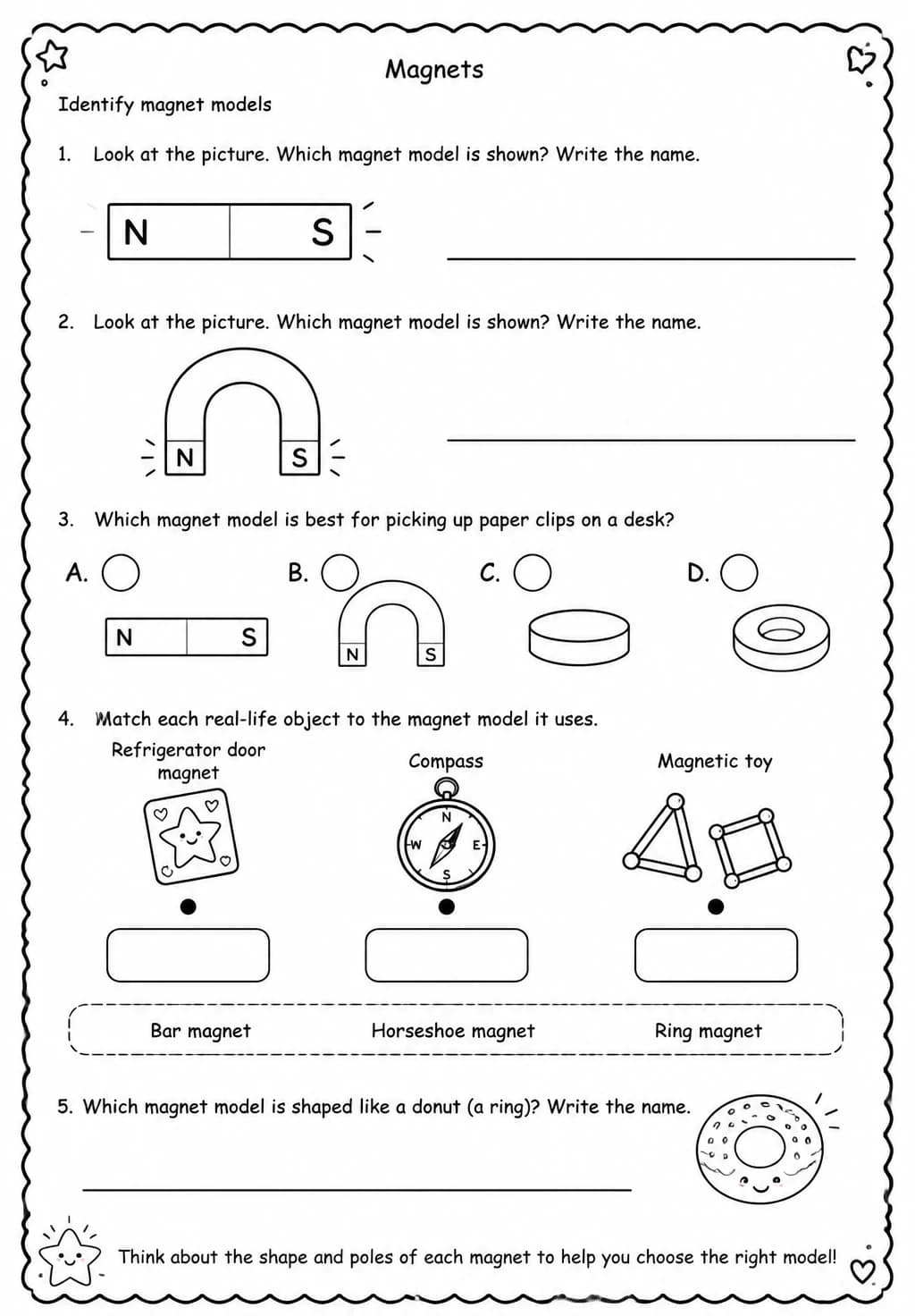 Identify magnet models — free printable Grade 2 Science worksheet