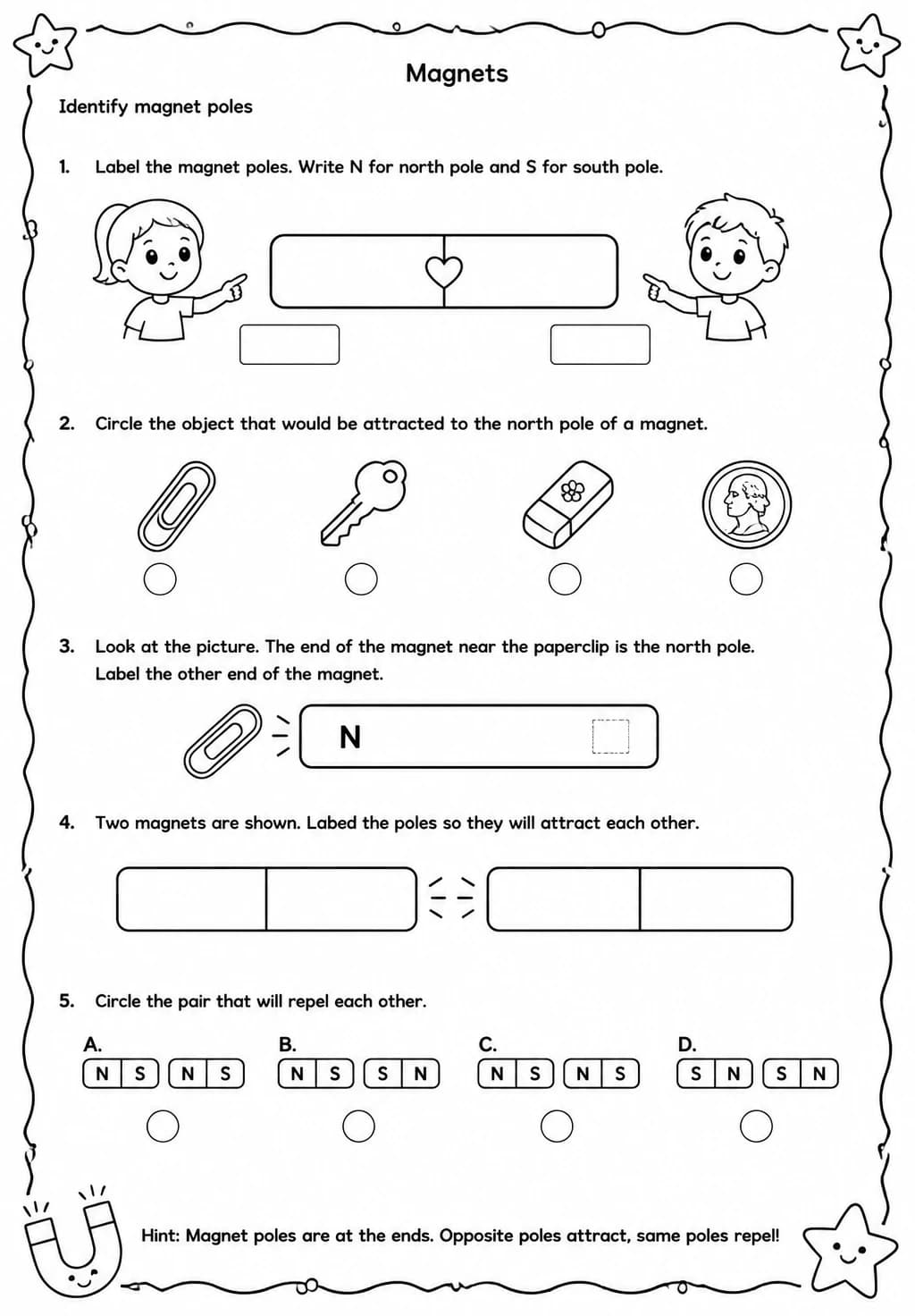 Identify magnet poles — free printable Grade 2 Science worksheet