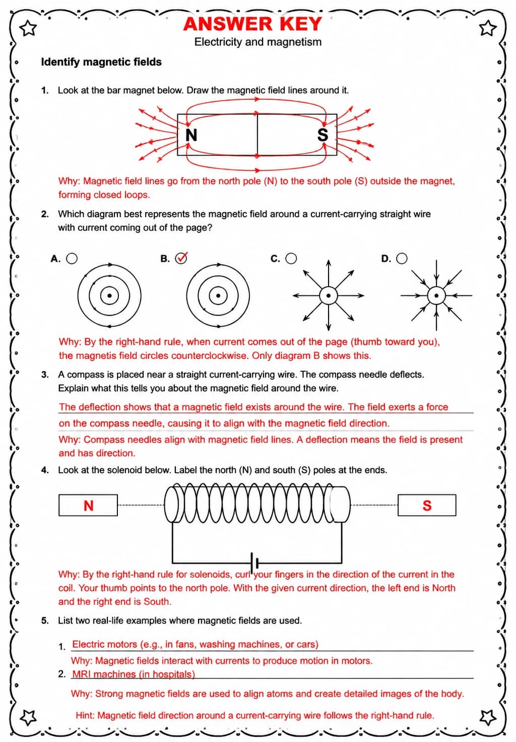 Answer key for Identify magnetic fields — free printable Science worksheet