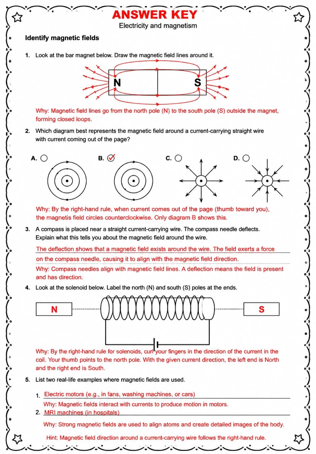 Answer key for Identify magnetic fields — free printable Science worksheet