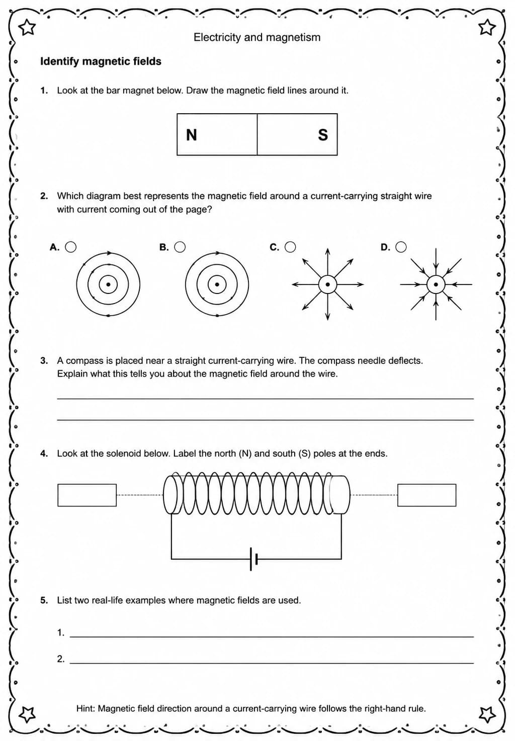 Identify magnetic fields — free printable Middle School Science worksheet