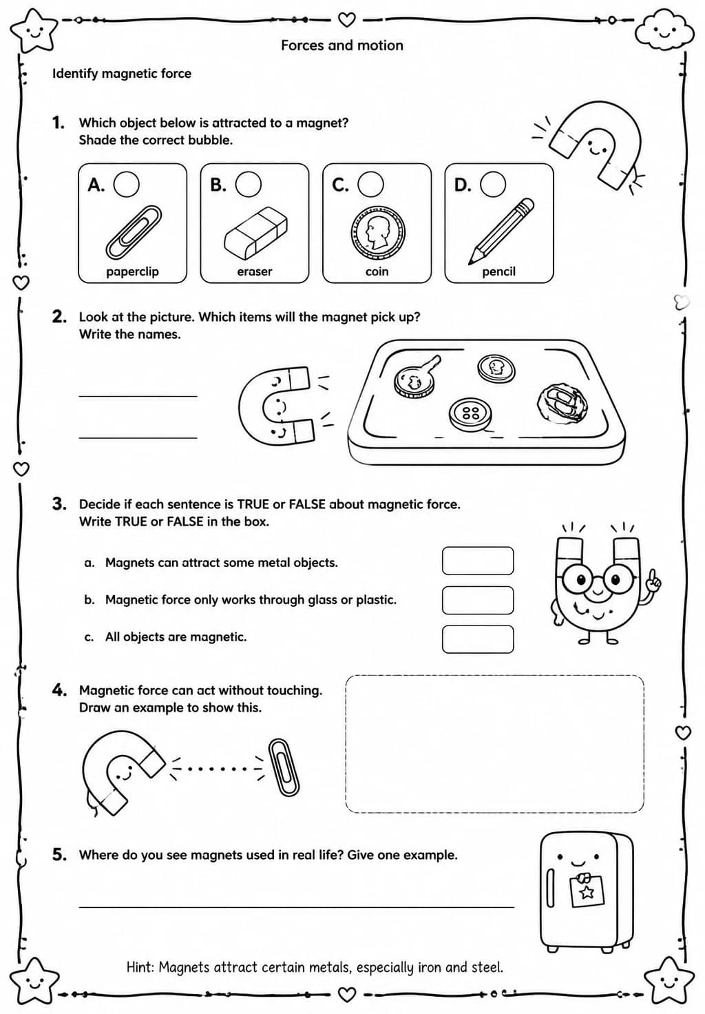Identify magnetic force — free printable Grade 4 Science worksheet