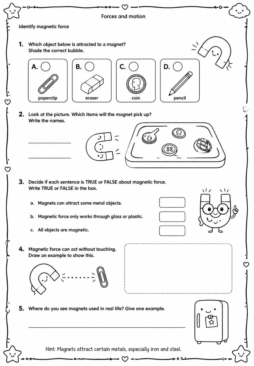 Identify magnetic force — free printable Grade 4 Science worksheet