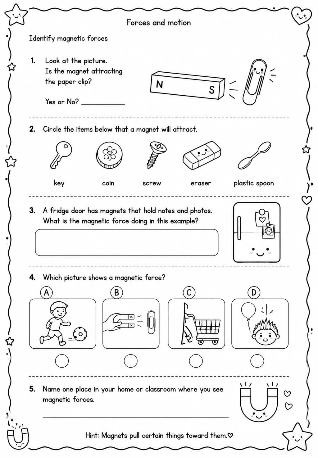 Identify magnetic forces — free printable Grade 3 Science worksheet