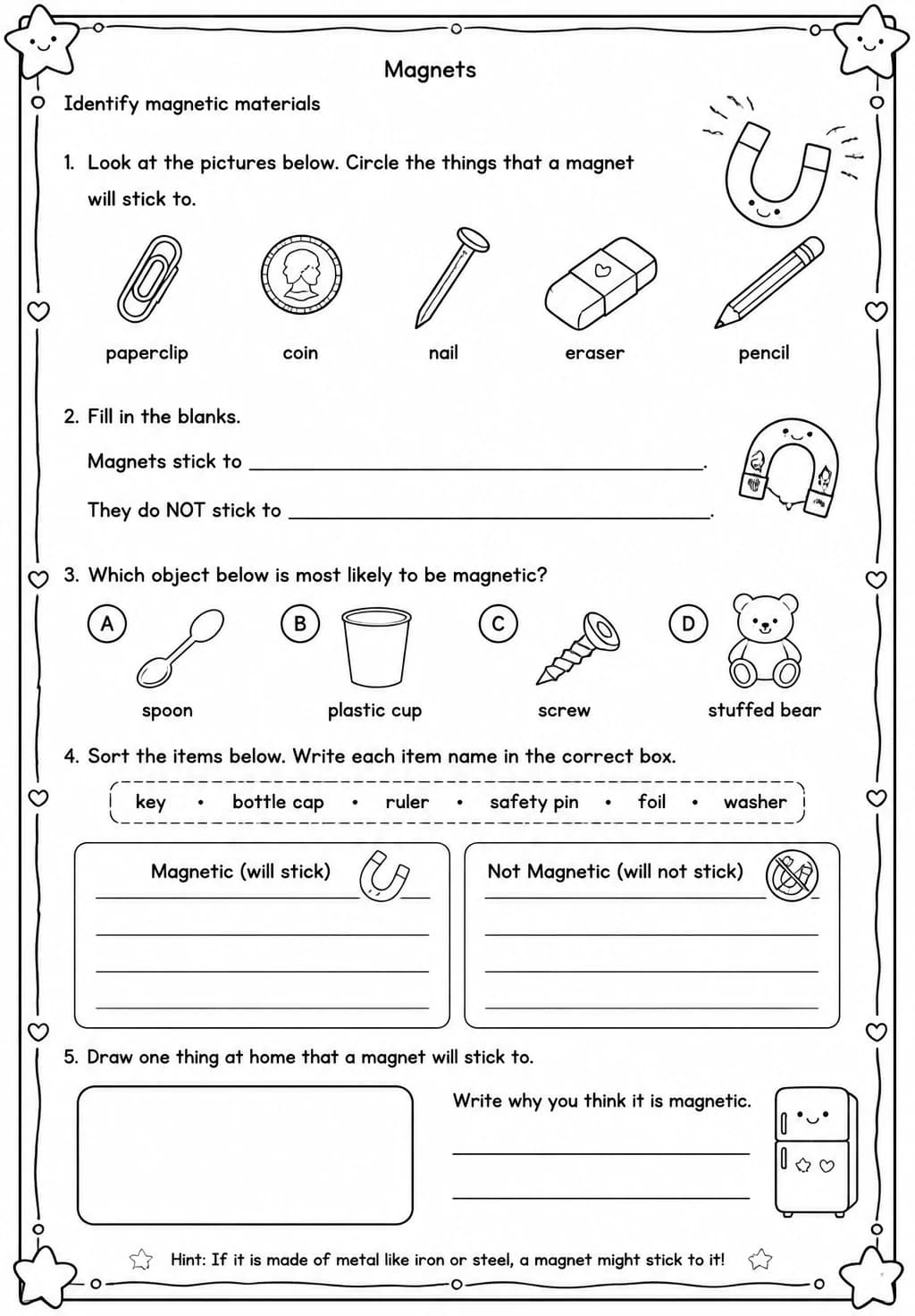 Identify magnetic materials — free printable Grade 2 Science worksheet