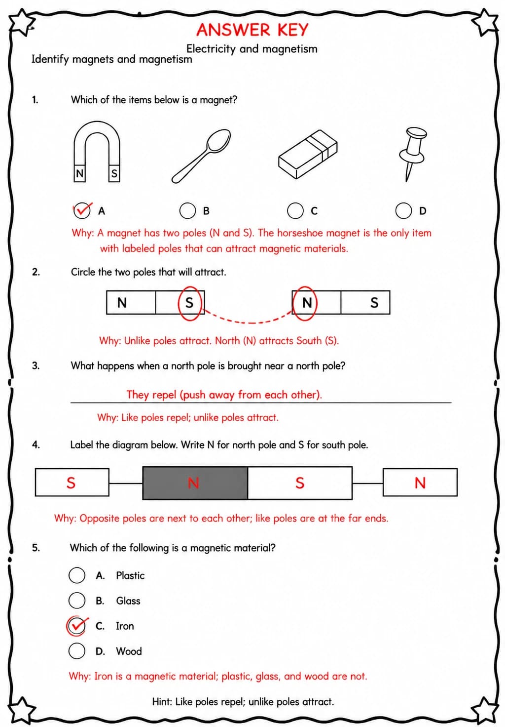 Answer key for Identify magnets and magnetism — free printable Science worksheet