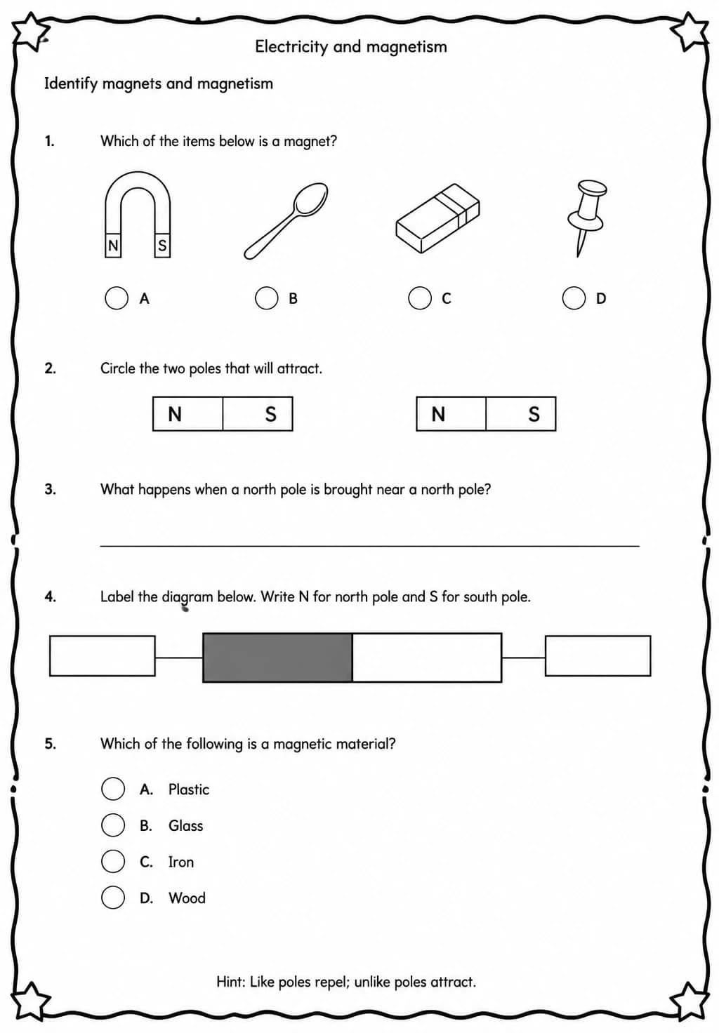 Identify magnets and magnetism — free printable High School Science worksheet