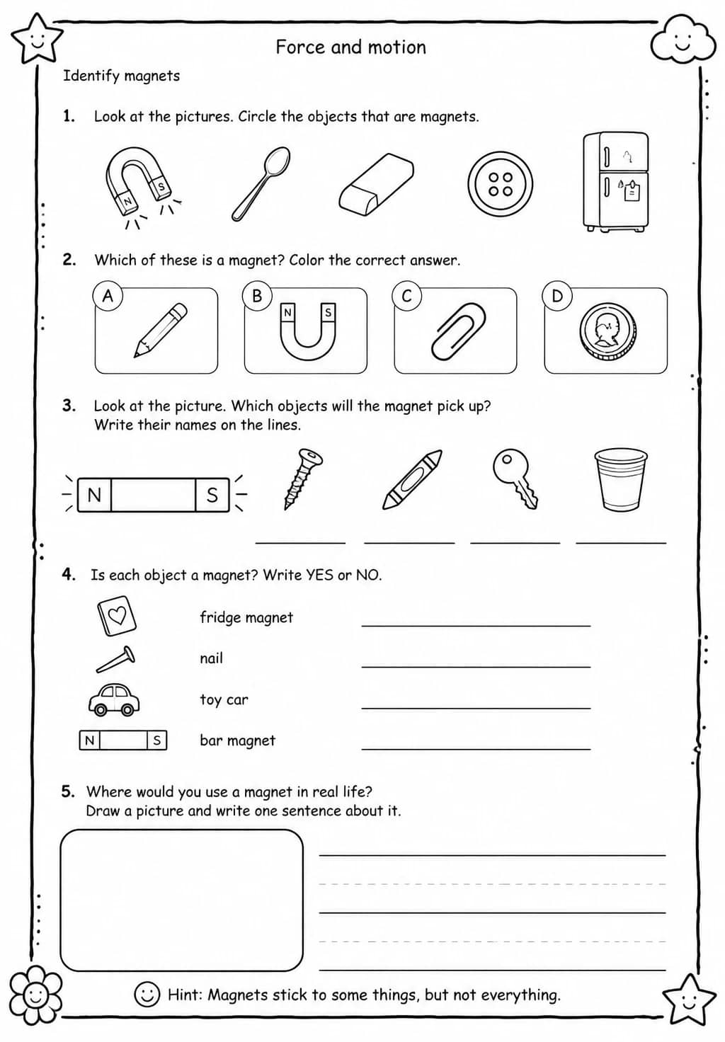 Identify magnets — free printable Grade 1 Science worksheet