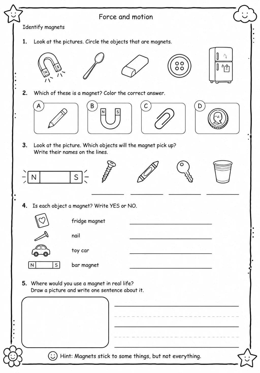 Identify magnets — free printable Grade 1 Science worksheet