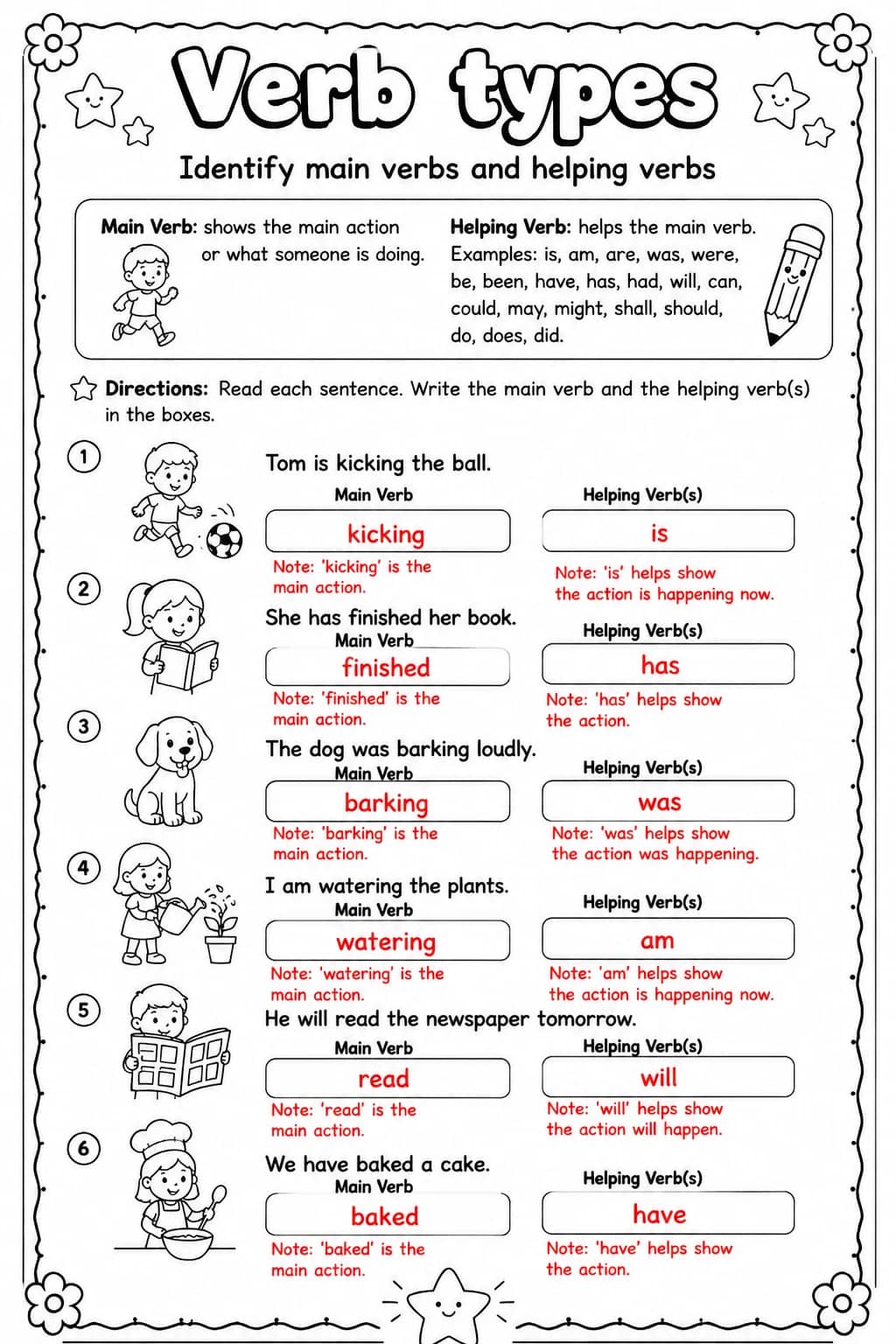Answer key for Identify main verbs and helping verbs — free printable English & Reading worksheet