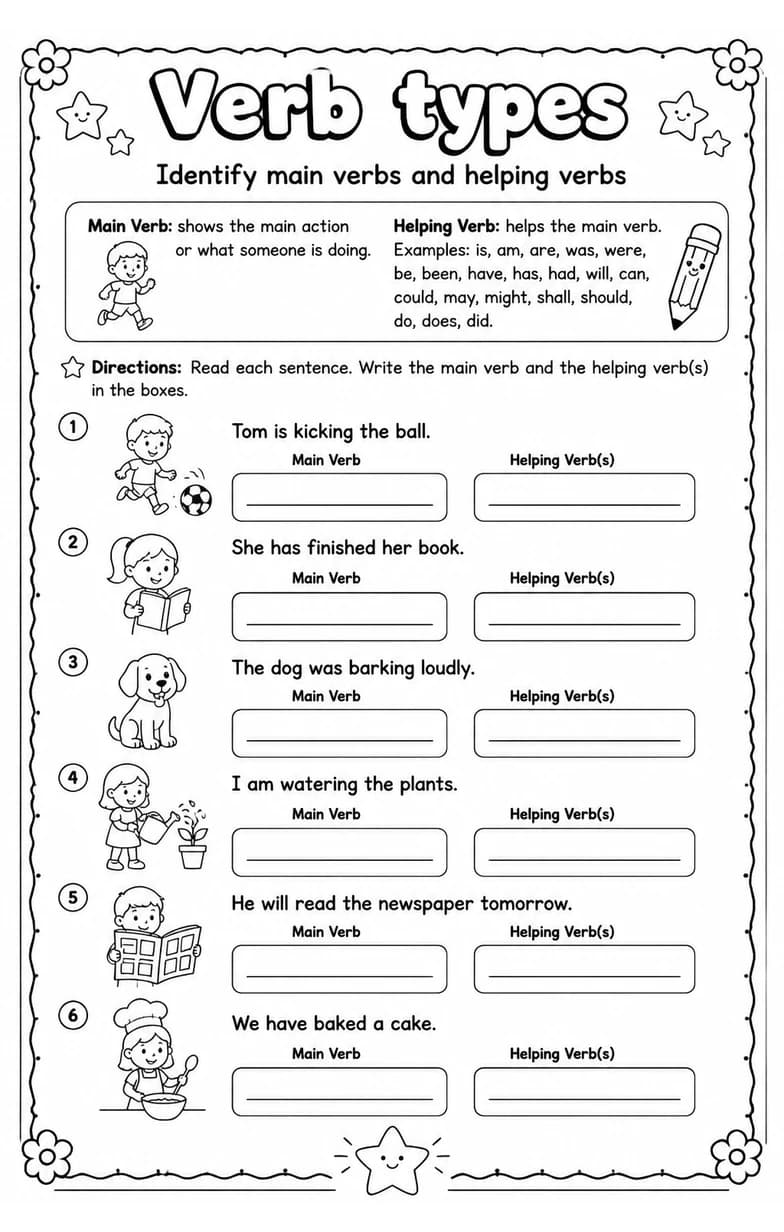 Identify main verbs and helping verbs — free printable Grade 3 English & Reading worksheet