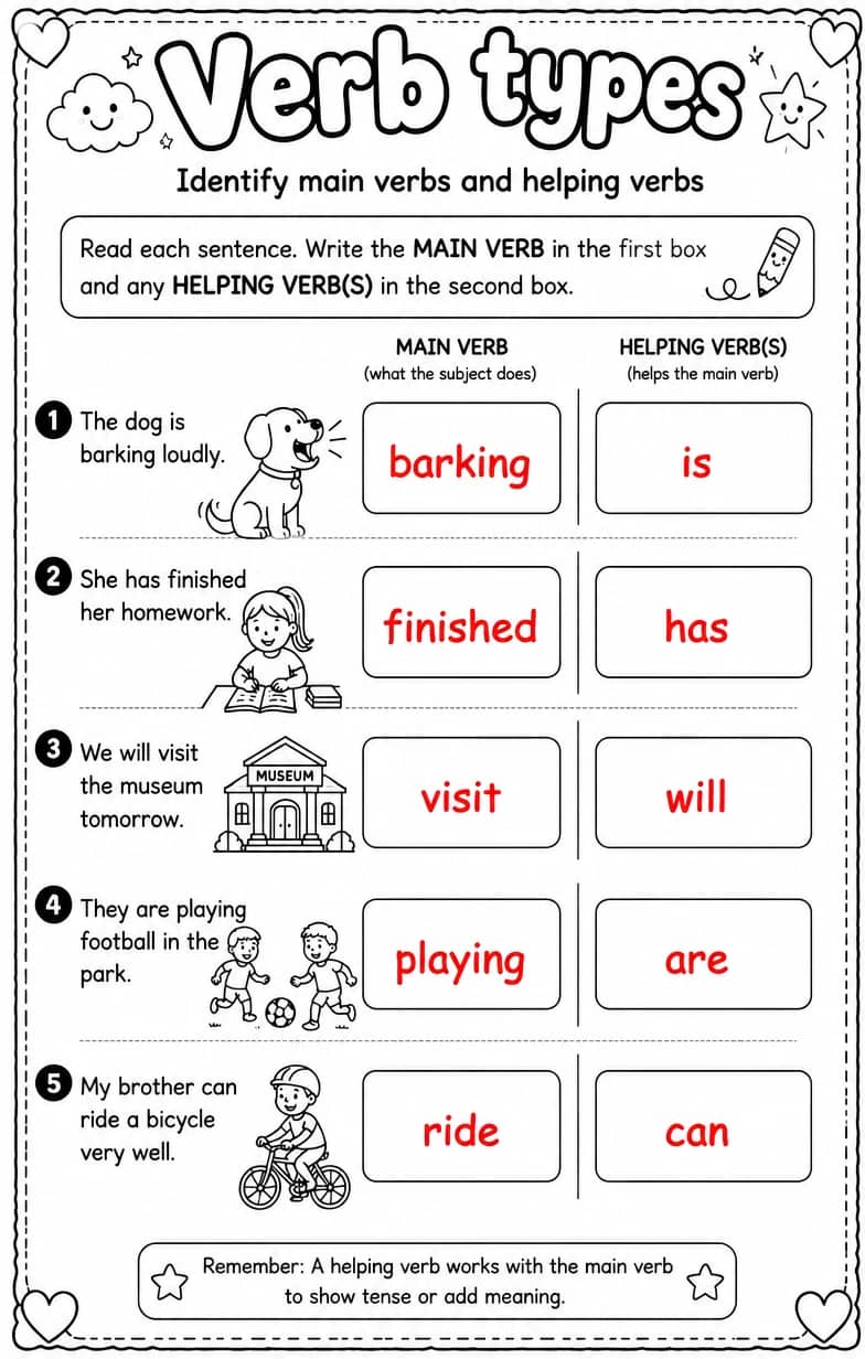 Answer key for Identify main verbs and helping verbs — free printable English & Reading worksheet
