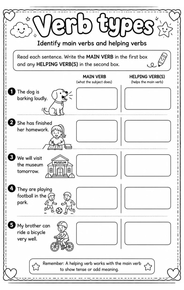 Identify main verbs and helping verbs — free printable Grade 4 English & Reading worksheet