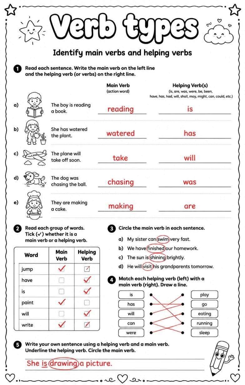 Answer key for Identify main verbs and helping verbs — free printable English & Reading worksheet